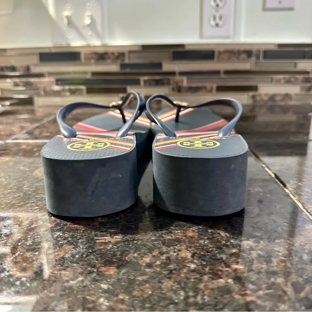 Tory Burch Navy Multicolor Stripe Flip Flops
